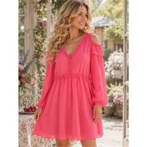 Nicole Miller Long Sleeve Ruffle Cold Shoulder Dress Coral Camellia Rose 12 NWT